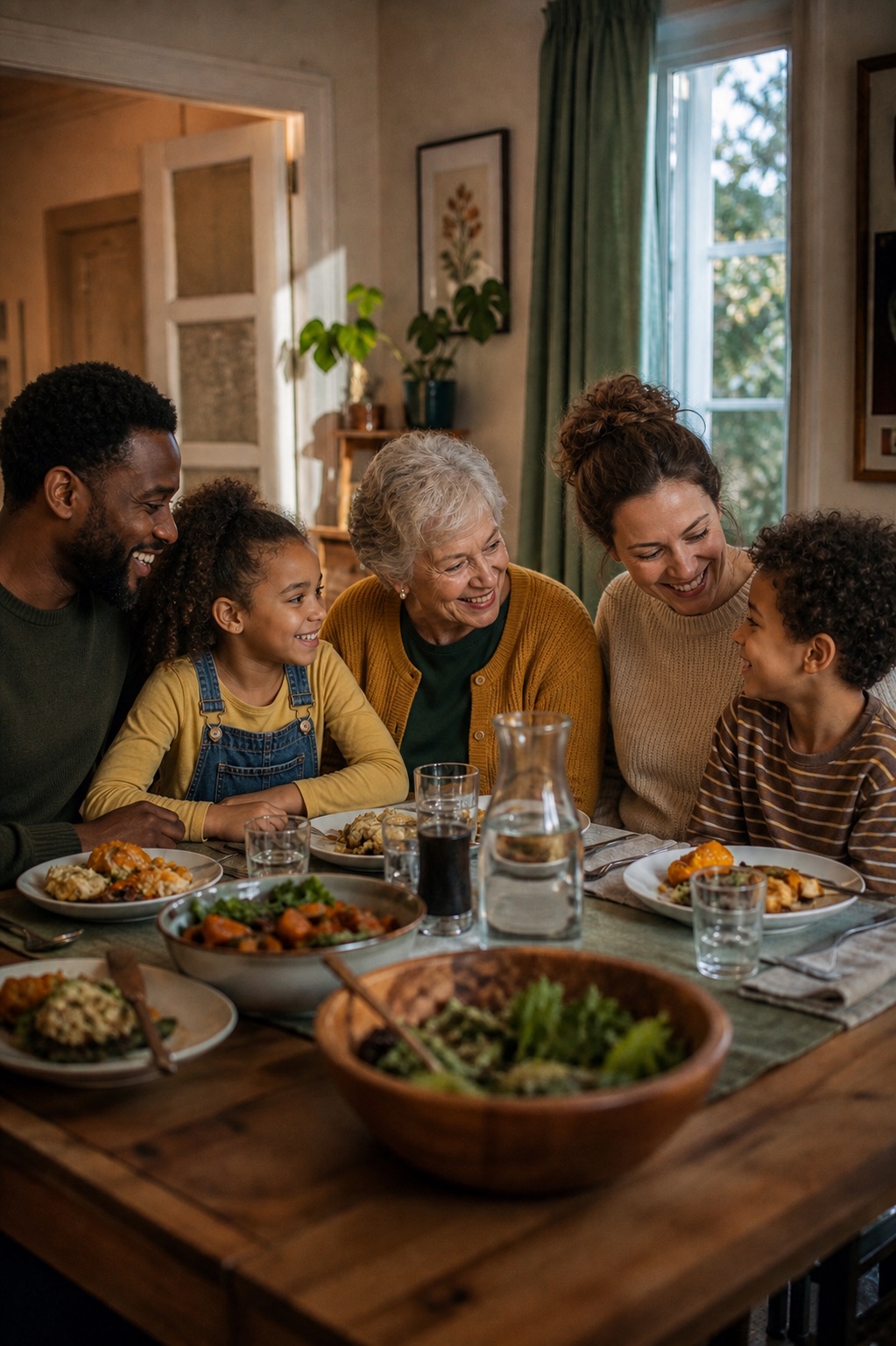 A mixed-heritage family enjoying dinner and time together at home