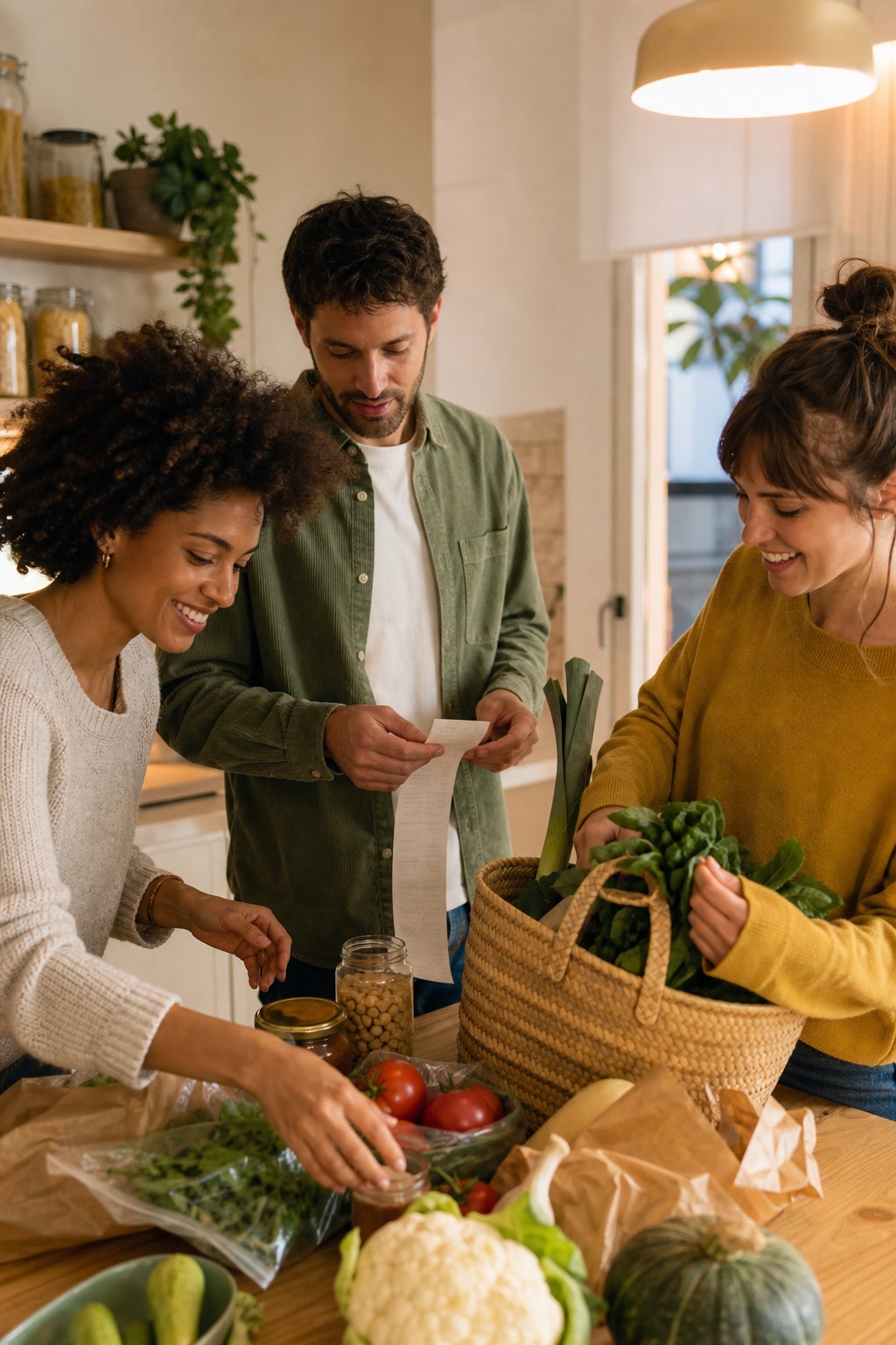 Friends unpacking a shared grocery shop at home